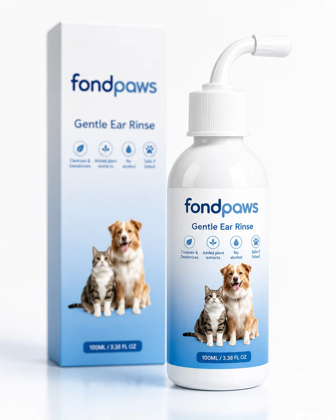 Hand holding the Fond Paws ear rinse bottle with its soft curved tip
