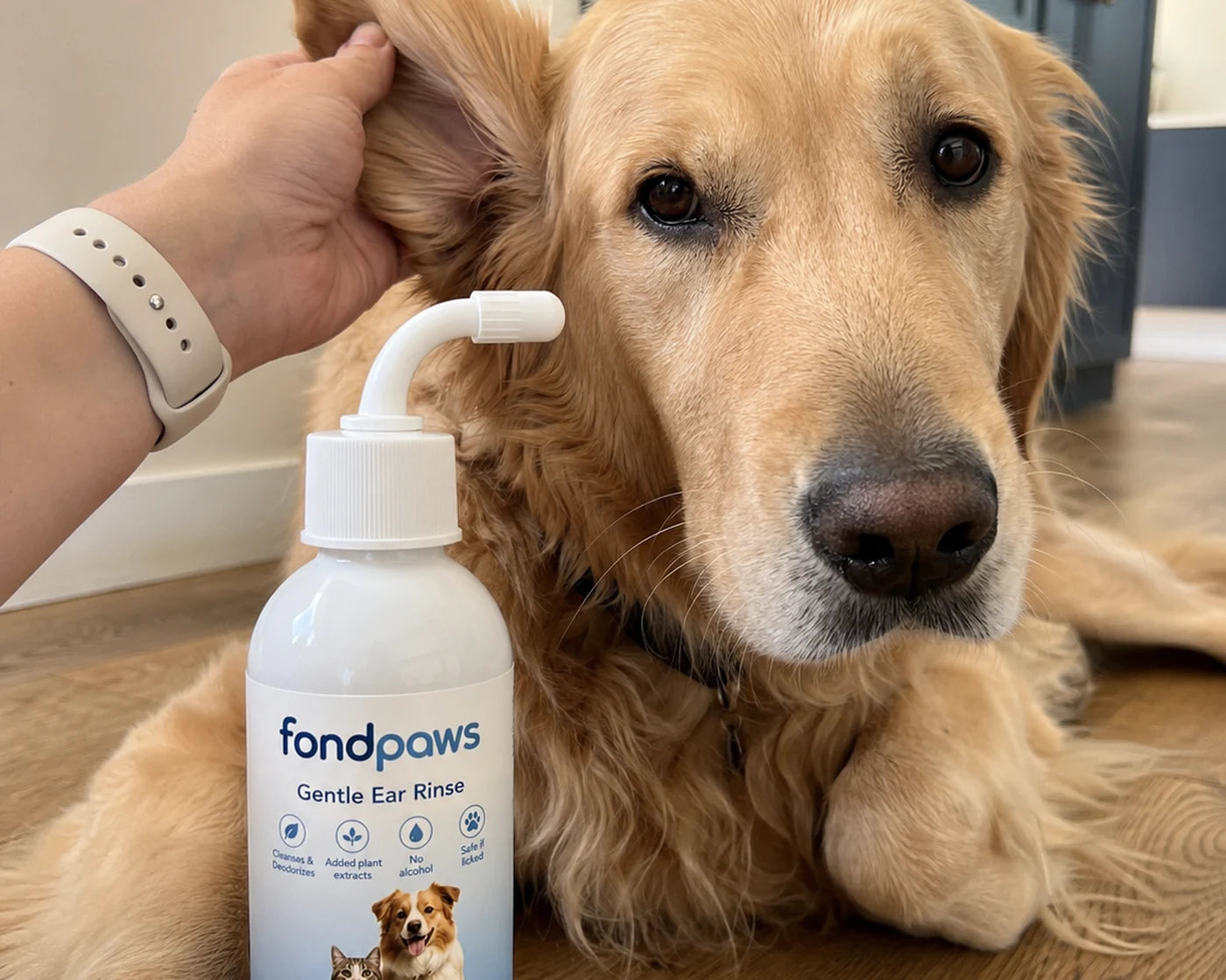 Dog owner cleaning a happy dog’s ear at home with the soft tip