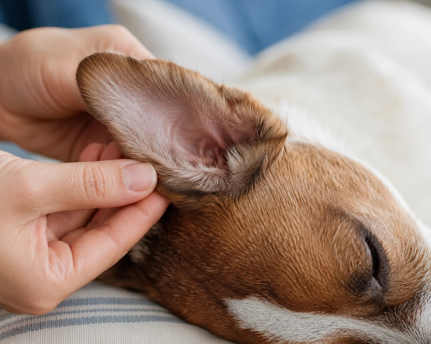 Calm dog resting at home after a gentle ear cleaning