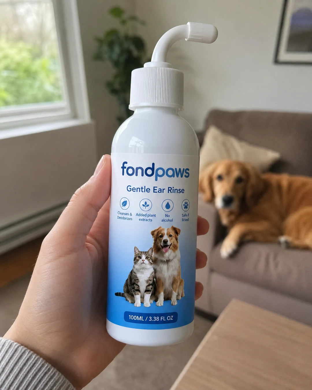 Owner holding a happy dog after cleaning its ears